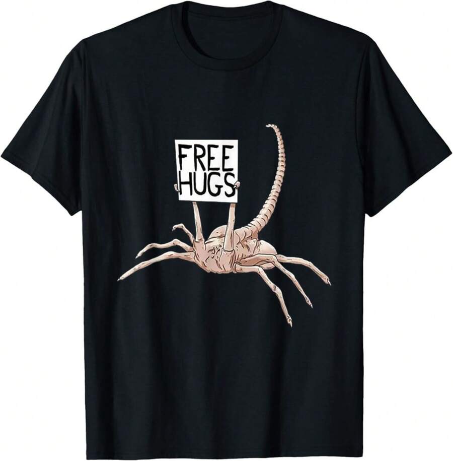 VintageFree Hugs Alien Spider Funny Gift Tee Unisex T-Shirtsummer Topshaut Femme - Black - View 1