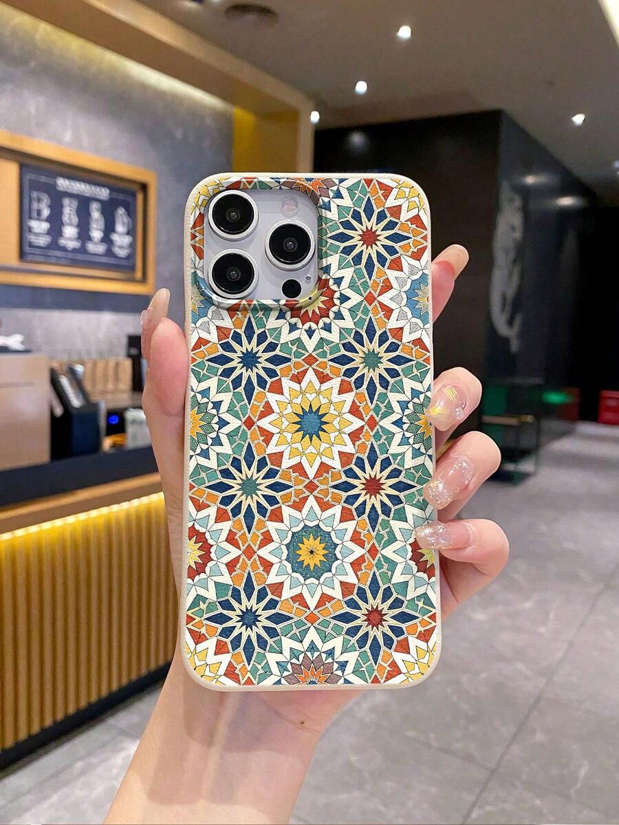 1pc Fashionable Rhombus Flower Middle Eastern Pattern Beige Leather Texture Shockproof Phone Case Suitable For Samsung/Mi/Transsion - Beige - View 1
