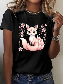 Camiseta Casual a la Moda con Estampado para Mujer, Cuello Redondo, con Diseño de Zorro de Dibujos Animados y Flores, Camiseta de Algodón para Familia Coordinada - Negro - Ver 1