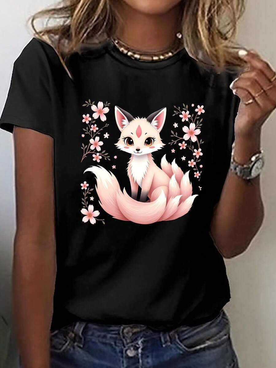 Camiseta Casual a la Moda con Estampado para Mujer, Cuello Redondo, con Diseño de Zorro de Dibujos Animados y Flores, Camiseta de Algodón para Familia Coordinada - Negro - Ver 1