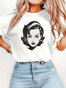 Camiseta Vintage con Estampado Gráfico para Mujer, Camiseta de Algodón de 220 g/m² con Estampado a Doble Cara, Cuello Redondo, Estilo Casual y a la Moda (1 Pieza), Unisex, Mismo Diseño de Moda, Deportiva, Tejido Cómodo y Suave para Uso Diario en Casa y Ocio. - Blanco - Ver 2