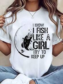 Women's Casual T-Shirt With 'Fish Like A Girl Try To Keep Up' Print, Round Neck, Summer Casual Wear, Gift, 220g, Long Sleeve - 白色 - 查看 6