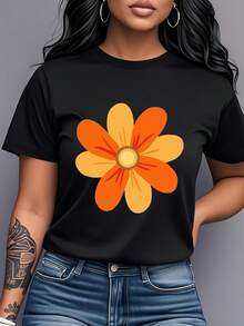 Women's T-Shirt Made Of Pure Cotton, Casual Loose Style, With Floral Print, Short Sleeves And Round Neck, Simple Floral Design, Fresh And Artistic, Casual And Versatile, Suitable For Daily Wear, Shopping And Dates, Spring-Summer Season, Comfortable And Breathable, Holiday Gift, Birthday Gift, Gift For Girls, Matching Sets For Best Friends, Couple Sets, Urban Fashion. - 黑色 - 查看 1