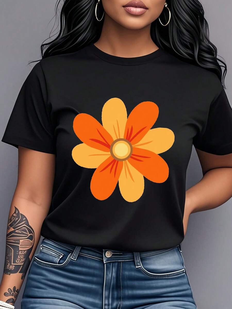 Women's T-Shirt Made Of Pure Cotton, Casual Loose Style, With Floral Print, Short Sleeves And Round Neck, Simple Floral Design, Fresh And Artistic, Casual And Versatile, Suitable For Daily Wear, Shopping And Dates, Spring-Summer Season, Comfortable And Breathable, Holiday Gift, Birthday Gift, Gift For Girls, Matching Sets For Best Friends, Couple Sets, Urban Fashion. - 黑色 - 查看 1