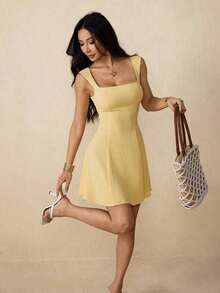 Vestido mini elegante y romántico de color amarillo mantequilla sin espalda y sin mangas para mujer, vestido de cumpleaños, vestido ajustado para playa, vacaciones y citas, vestido para té, vestidos de verano para mujer - Amarillo claro - Ver 8