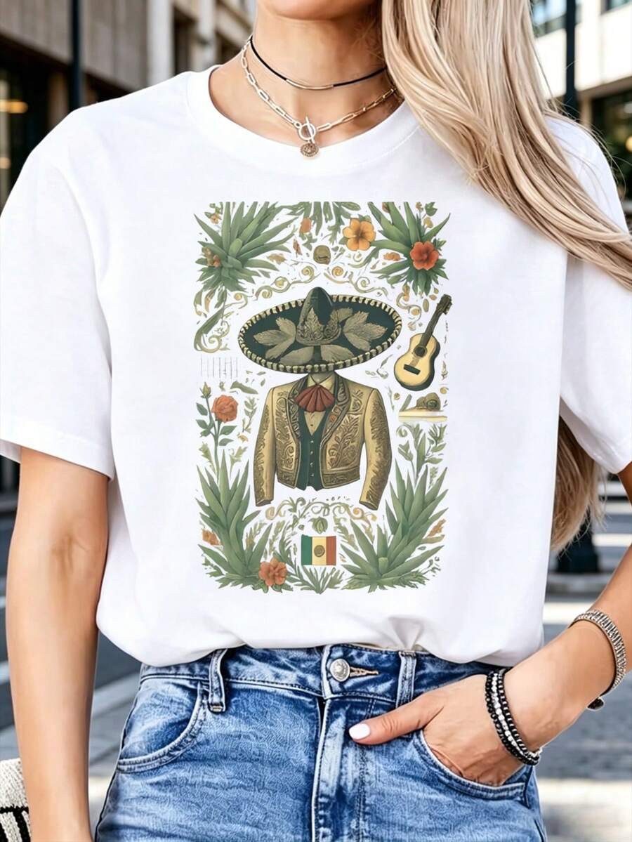 Women's T-Shirt With A Mexican-Themed Print, White T-Shirt, Featuring A Wide-Brimmed Hat, Charro Jacket, Guitar, And Flag, Suitable For Casual Wear. Women's T-Shirts. - 白色 - 查看 1