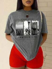 Camiseta de manga corta con estampado, estilo callejero de Nueva York, con gráficos de EMPIRE STATE, LIBERTY y BROOKLYN, para mujer - Gris - Ver 7
