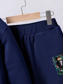 Youth Boy Letter Print Warm Hoodie And Sweatpants Set - Royal Blue - View 6
