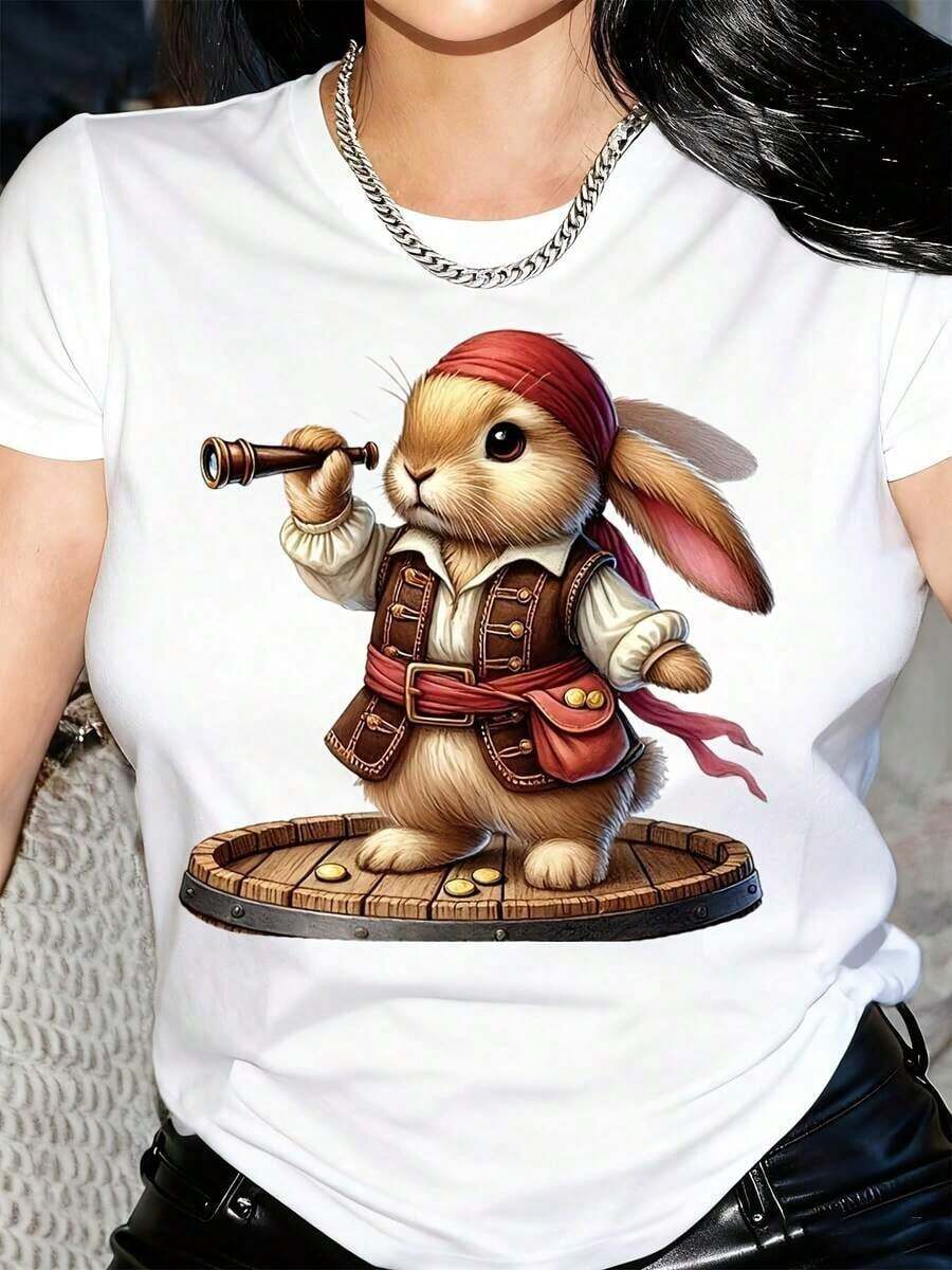 New Arrivals For Summer. Soft And Comfortable Women's Casual T-Shirt - Easter Pirate Bunny Graphic Design, Black, Short Sleeve, Crew Neck, Machine Washable, Regular Fit For Spring, Summer, And Year-Round Wear. Blouse, Shirt > Beautiful. - 白色 - 查看 1