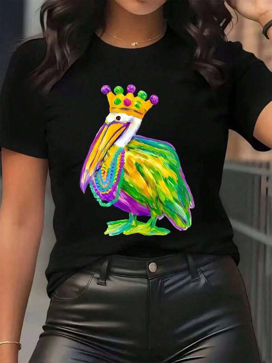 New Arrivals For Summer. Women's T-Shirt With Colorful Pelican Print And Crown, Round Neck, Casual Everyday Wear, Soft And Comfortable, Festival Blouse, Shirt > Beautiful. - 黑色 - 查看 1