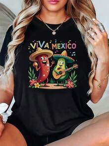 Women's T-Shirt [Holiday Special] Mexican Independence Day - Passionate Mexico! Viva Mexico - Short-Sleeved T-Shirt With A Crew Neck And Folk-Style Text Print, Perfect For Casual Shopping And As A Holiday Gift, Radiating Love And Celebration For Mexico. Women's T-Shirts - 黑色 - 查看 7