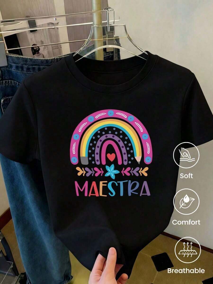 Camiseta de manga corta de moda para primavera y verano de 2026, hecha en México, 180 gramos. Estampado de dibujos animados, modelo de pareja, apta para uso interior o exterior. Cuello redon - Negro - Ver 1