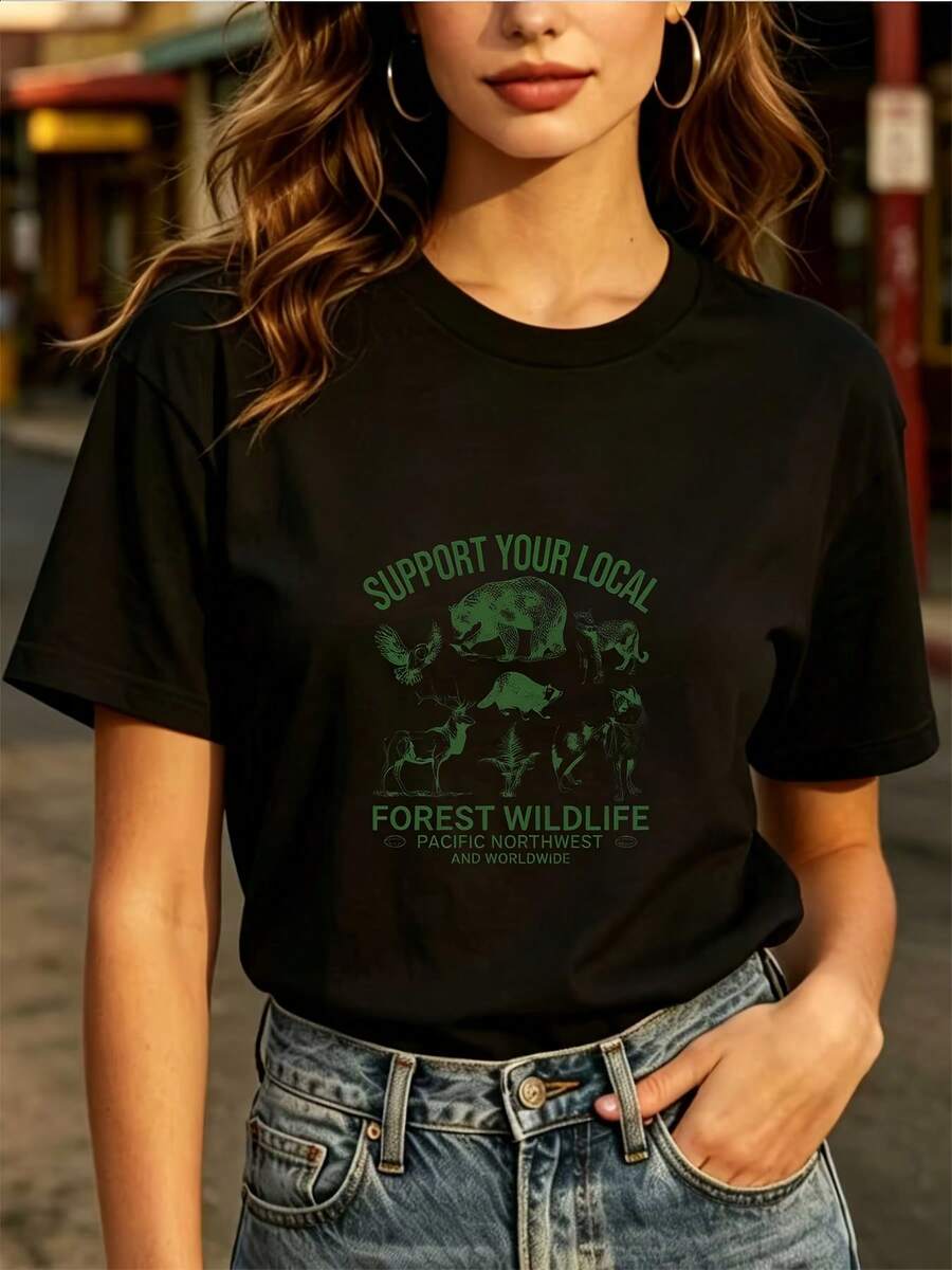 180g Everyday Fashion T-Shirt With Forest Wildlife Design-Show Your Love For Nature, A Perfect Gift For Earth Day And Family Outings! Help Save Wildlife In The Pacific Northwest And Other Regions. Soft And Comfortable, Suitable For Everyday Wear And Building Activities-Unisex Loose Cotton Short-Sleeve Crew Neck T-Shirt, Urban Vintage Style. - 黑色 - 查看 1