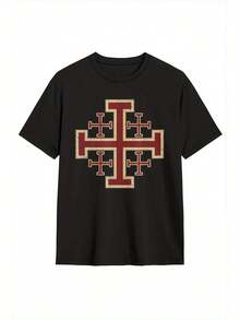 Men's Templar T-Shirt With Jerusalem Cross - Casual Geometric Design With Crew Neck, Machine Washable, Comfortable Clothing | Clothing With Religious Prints, Religious Sweaters, Faith T-Shirts, Church T-Shirts, T-Shirts With Biblical Verses. - 黑色 - 查看 8