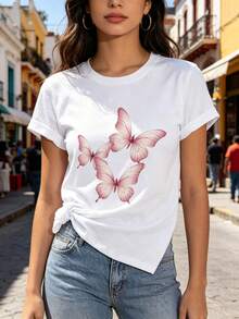 Limited Time Offer, Limited Quantities, Flash ! Women's Casual Shirt, Stylish Short-Sleeved Sports T-Shirt For Women, Adorned With Three Semi-Transparent Glitter Butterflies. - 白色 - 查看 1