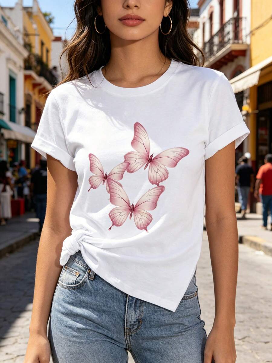 Limited Time Offer, Limited Quantities, Flash ! Women's Casual Shirt, Stylish Short-Sleeved Sports T-Shirt For Women, Adorned With Three Semi-Transparent Glitter Butterflies. - 白色 - 查看 1