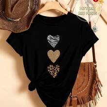 Women's Short-Sleeved, Crew-Neck T-Shirt With A Relaxed Fit And Heart, Leopard, And Zebra Print, Suitable For All Seasons. Made From Pure Cotton, It Has A Comfortable And Casual Style. It Makes A Great Gift For Moms And Is Fun To Wear. - 黑色 - 查看 1