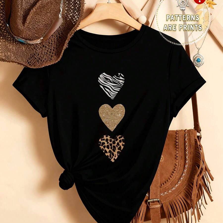Women's Short-Sleeved, Crew-Neck T-Shirt With A Relaxed Fit And Heart, Leopard, And Zebra Print, Suitable For All Seasons. Made From Pure Cotton, It Has A Comfortable And Casual Style. It Makes A Great Gift For Moms And Is Fun To Wear. - 黑色 - 查看 1