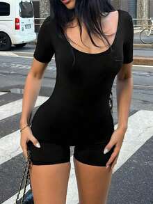 Mono de mujer , escote en U, silueta minimalista, ropa interior moldeadora cómoda, casual, sexy, versátil para exteriores, viajes, fiesta en la playa, vacaciones en el campo, vacaciones, Pascua, graduación, regreso a la escuela, mono de verano, ajust - Negro - Ver 2