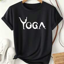 Women's YOGA Action Letter Print T-Shirt 2026 Spring/Summer Creative Style Short Sleeve Yoga Loose Daily Wear Sports Top Letter Theme Fashion Versatile Design Women's Clothing S-XXL - 黑色 - 查看 1