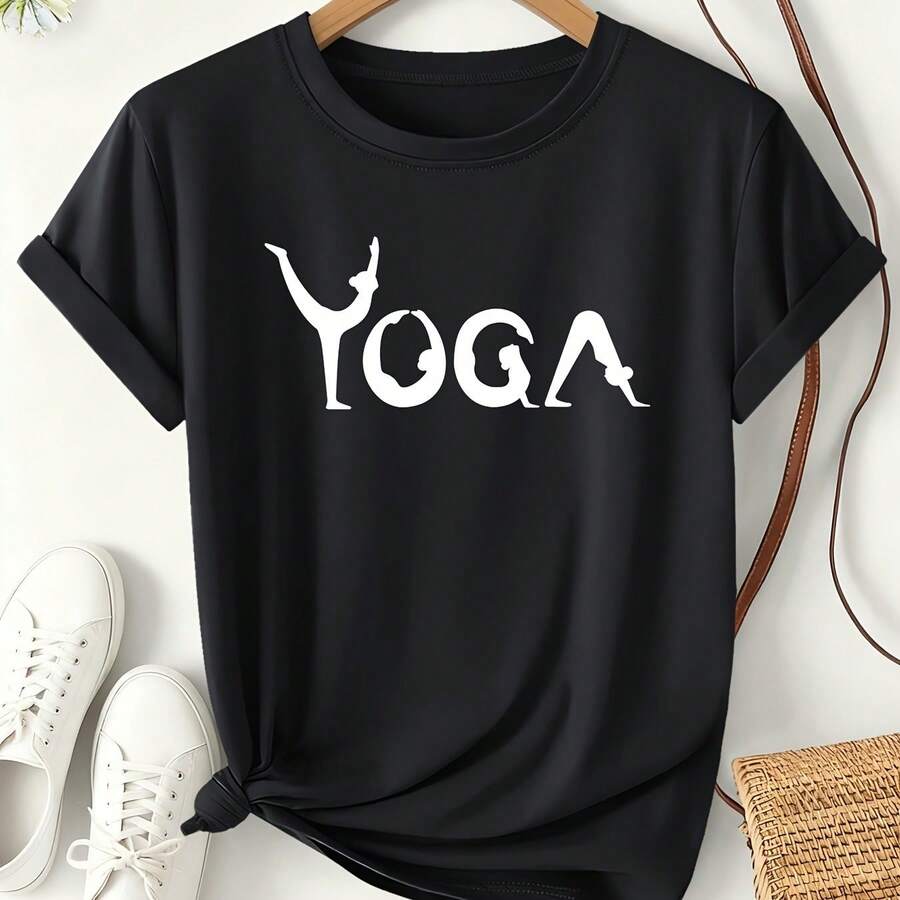 Women's YOGA Action Letter Print T-Shirt 2026 Spring/Summer Creative Style Short Sleeve Yoga Loose Daily Wear Sports Top Letter Theme Fashion Versatile Design Women's Clothing S-XXL - 黑色 - 查看 1