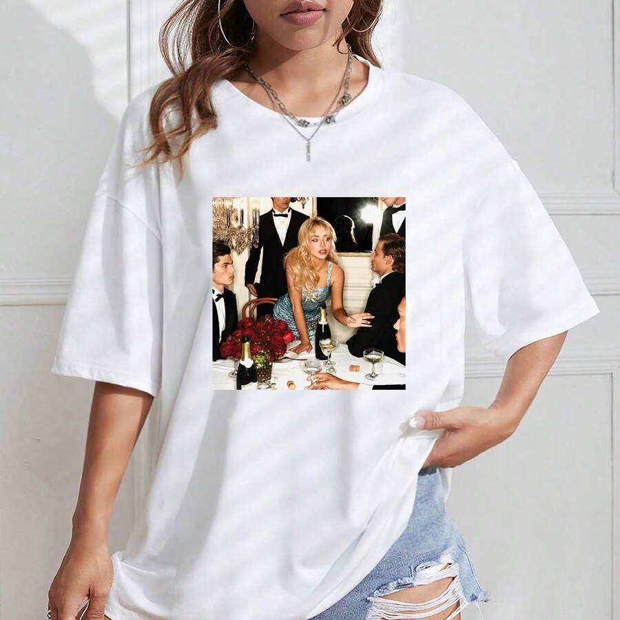 Sabrina Inspired Graphic T-Shirt, Unisex Retro Pop Style Graphic Print, Short Sleeves, Breathable, For Going Out And Concerts - White - View 1