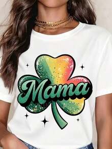 White Crew Neck T-Shirt With Rainbow Shamrock Print "Mama" For St. Patrick's Day, Casual Wear - 白色 - 查看 1