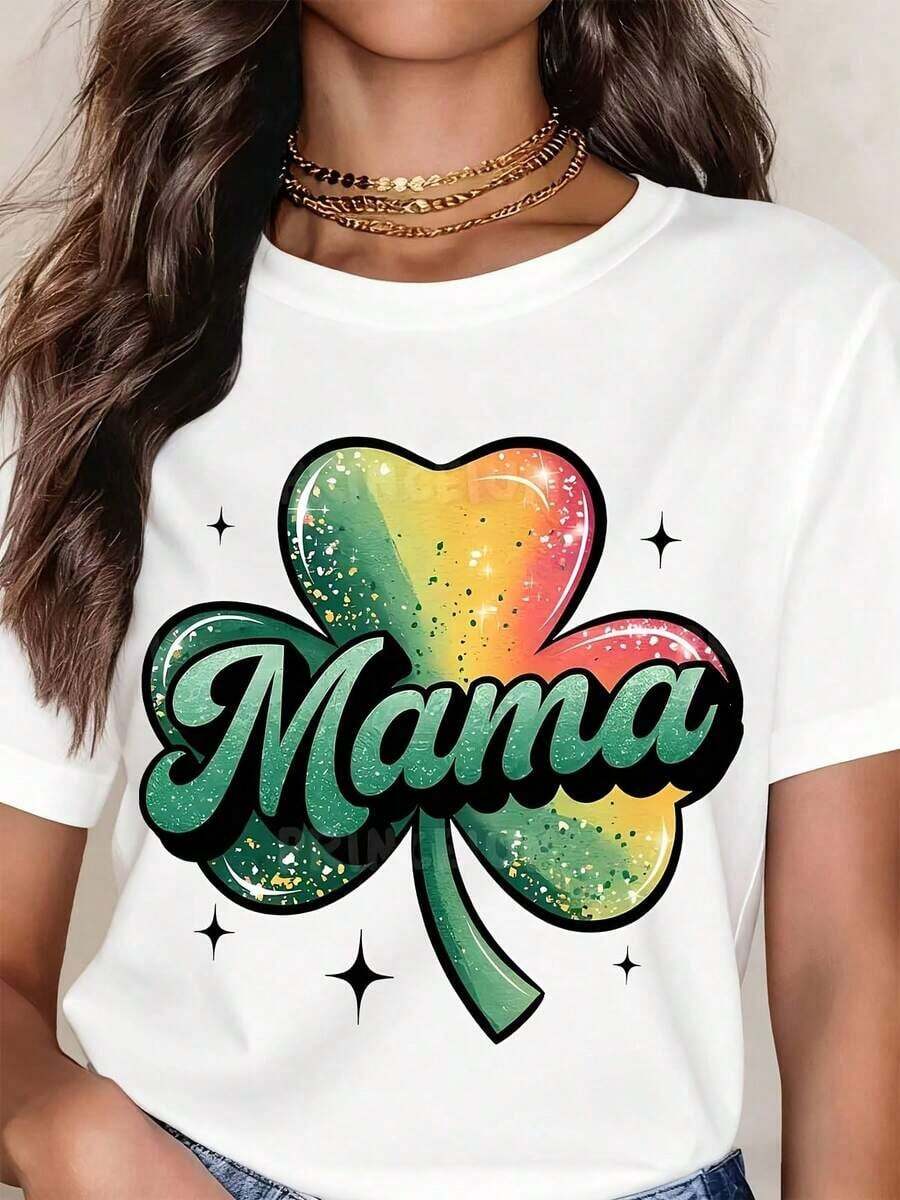White Crew Neck T-Shirt With Rainbow Shamrock Print "Mama" For St. Patrick's Day, Casual Wear - 白色 - 查看 1