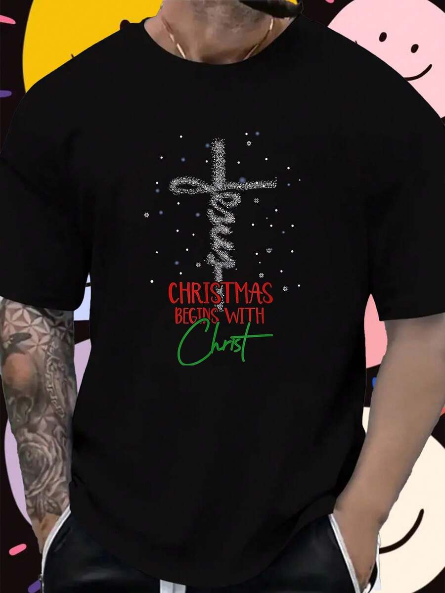 Clothespa Men's T-Shirt - Sun And Moon Artistic Design "Christmas Begins With Christ" - Soft And Breathable Crew Neck, Short Sleeve, Lightweight All-Season Fabric - Halloween Gift - 黑色 - 查看 1