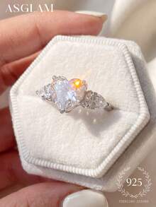 1 chiếc nhẫn bạc 925 mạ bạch kim đính đá Zirconia trắng, kiểu dáng thanh lịch và thời trang, kết hợp hình trái tim và giọt nước mắt, thích hợp làm quà tặng kỷ niệm hoặc sinh nhật. - Bạc - Xem 4