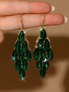 1 Pair Glamorous Sparkling Crystal Leaf Dangle Earrings, Fashionable Elegant Party Earrings For Women - Golden Green - View 5