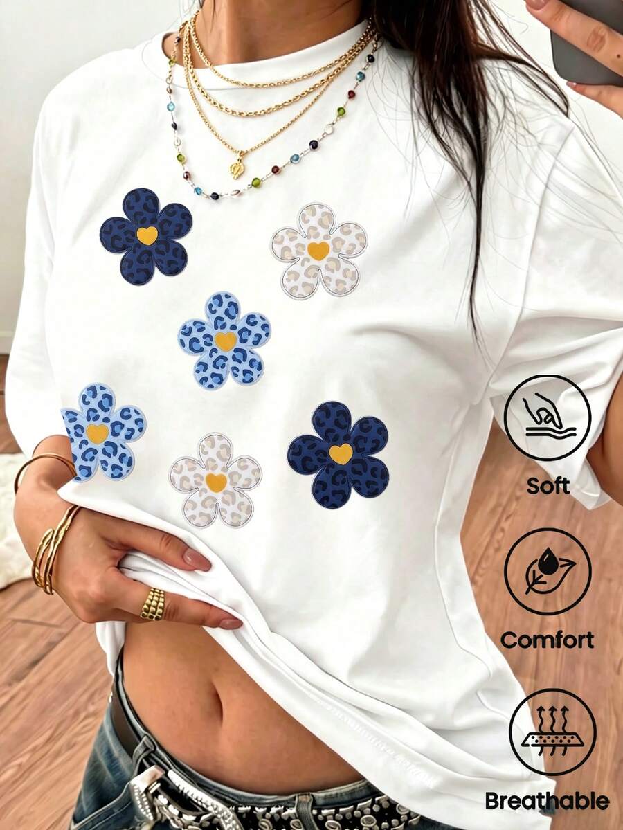 This Women's Short-Sleeved, Crew-Neck, Relaxed-Fit T-Shirt Is Perfect For Summer. Featuring A Fun And Stylish Leopard Print With Hearts And Flowers, It's Ideal For Vacations, The Office, Outings, Everyday Wear, Dates, Parties, Meetings, And Urban Style. A Versatile Piece With A Casual And Sporty Feel, It Also Makes A Great Gift For Various Occasions. - 白色 - 查看 1