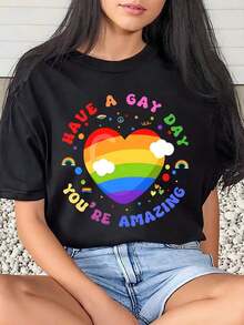 1 Piece Women's T-Shirt Rainbow Heart "Have A Gay Day You Re Amazing" Pride Month Everyday Wear Crew Neck Short Sleeve Soft Comfortable 220g/180g 100% Cotton - 黑色 - 查看 6