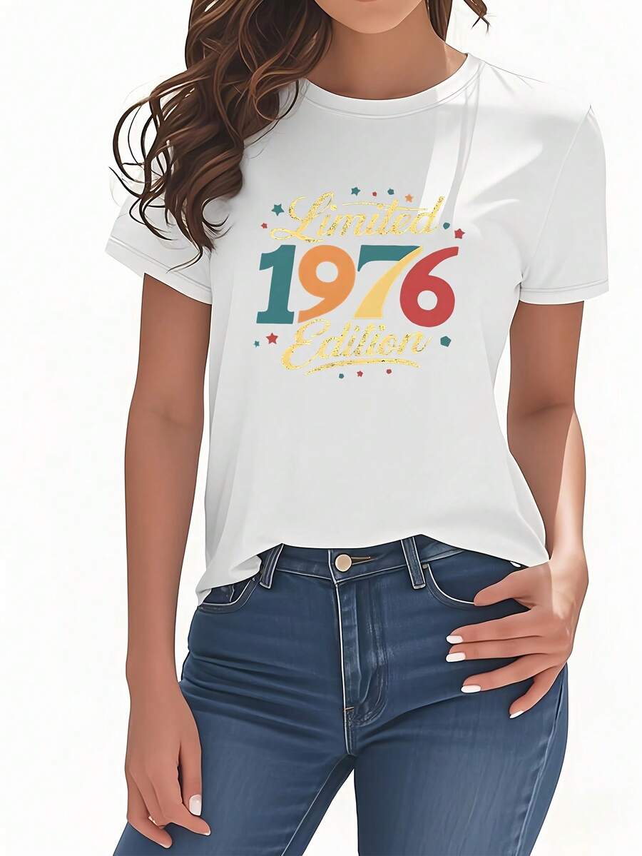 Women's Pure Cotton Short-Sleeved T-Shirt, Round Neck, Versatile, Limited Vintage Edition 1976, Women's Short-Sleeved Round Neck Clothing, Retro Vintage Style, Unique And Fashionable, Versatile For Everyday Wear And Casual Gatherings. - 白色 - 查看 1