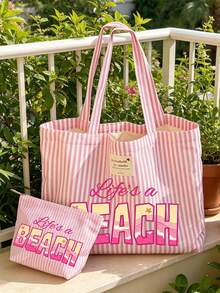 Life'S A Beach Print - Retro Style Pink And White Striped Canvas Handbag, Women'S Large Capacity Striped Beach Tote Bag, Travel Beach Bag And Shopping Fashionable Shoulder Bag, Foldable Canvas Shoulder Handbag, Waterproof Sandproof Travel Bag For Summer Essentials, Ideal For Beach Trips, Pool Days, Shopping & Daily Use, For Women, Travelers & Beach Lovers, For Easter, Teacher'S Day, Vacations - Multicolor - View 10