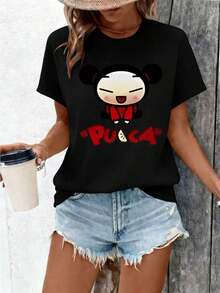This Women's Casual Cotton T-Shirt Features A Pucca Cartoon Character Design, Including Her Image And The Word PUCCA. A New Short-Sleeved T-Shirt For Women, A Casual Printed Top, And A Stylish Garment For Ladies. Versatile Style Suitable For Summer. - 黑色 - 查看 6