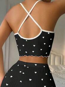 Top de pijama de mujer con estampado de corazones y decoración de moño - Negro - Ver 2