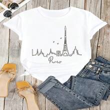 Paris Skyline Graphic T-Shirt, 100% Cotton Oversized Soft Breathable Casual Crewneck Short Sleeve Top, Romantic Aesthetic Summer Vibes Tee for Women & Travel Lovers - Blanco - Ver 6