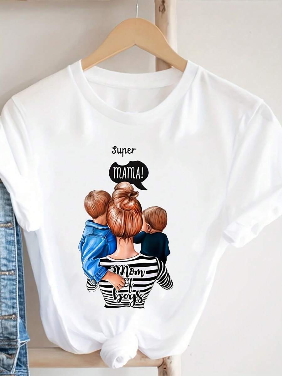Camiseta gráfica casual para mujer 'Super Mom' - Cómoda camiseta de manga corta con cuello redondo, ideal para primavera y verano, camiseta de temporada completa | Estampado juguetón | Ajuste cómodo