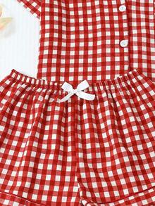 piezas de pijama con pantalón corto, de manga corta y estampado a cuadros para mujeres, ropa de estar por casa de verano - Burdeos - Ver 6