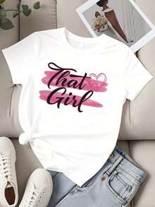 NEW Women's Round Neck T-Shirt With Pink Heart Print, Short Sleeve, Casual Style For Everyday Wear, Urban Vintage Style, Unisex, Loose Cotton - 白色 - 查看 2