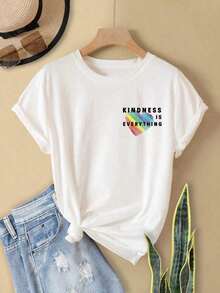 New Women's Casual T-Shirt With Heart Print - Urban Vintage Style, Unisex, Cotton, Short Sleeve And Round Neck. - 白色 - 查看 3