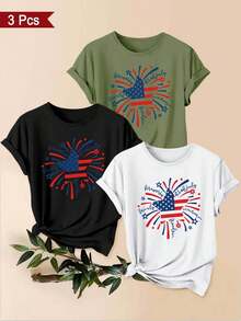 Women's T-Shirts, 1-Piece Set With A Patriotic Fireworks And Stars And Stripes Design. A Beautiful Women's Garment, A Stylish Casual Sports Gift, Machine Washable, Short-Sleeved Top With A Round Neck. - 1件白色隨機圖案 - 查看 5