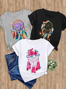 Women's T-Shirts, 1-Piece Set With Dreamcatcher Print, Elegant, Casual, Sporty, Gift, Soft, Machine Washable, Short-Sleeved Top With Round Neck. - 1件黑色隨機圖案 - 查看 6