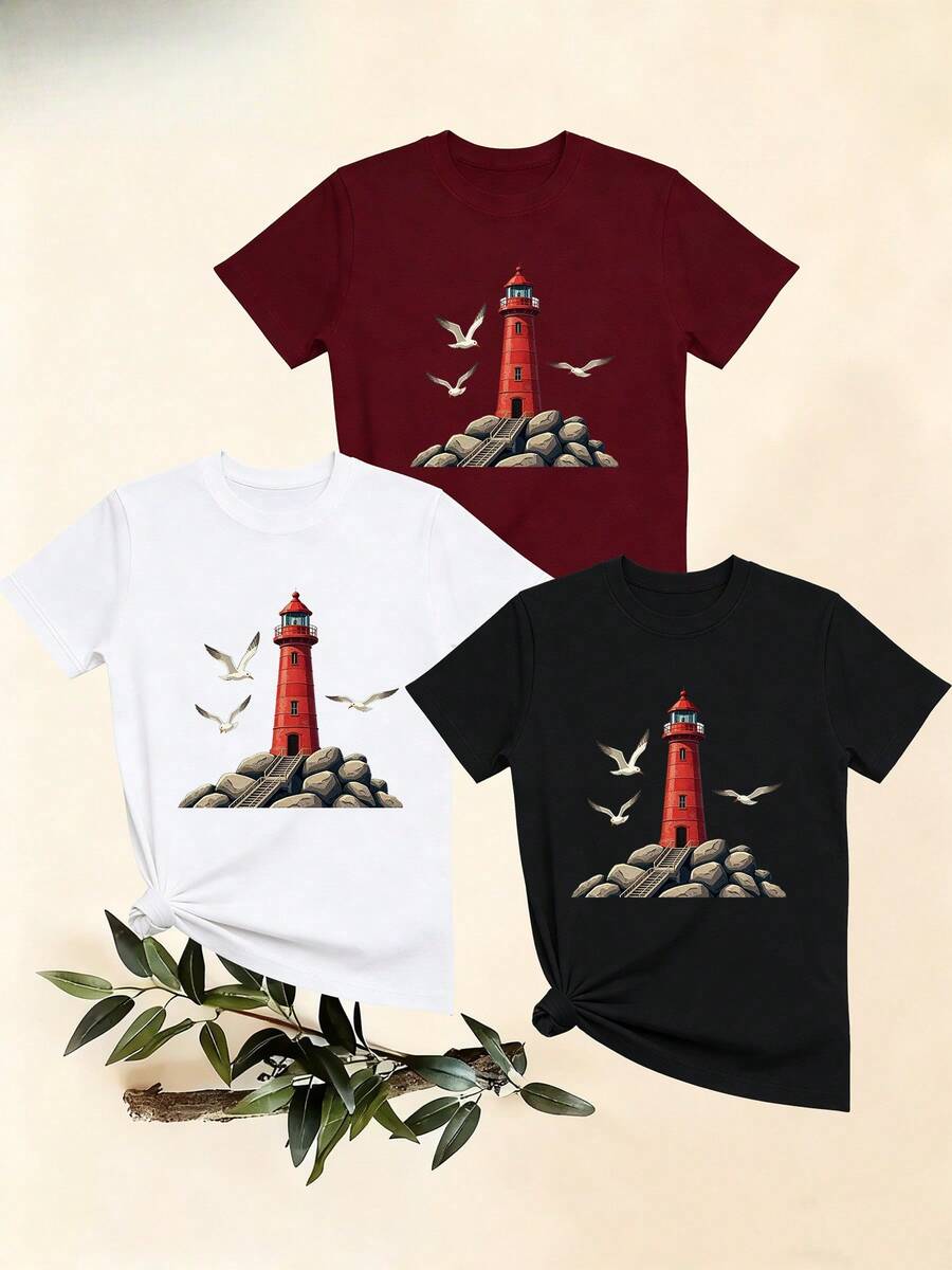 Women's T-Shirts, Women's T-Shirts, Casual Style T-Shirt With Lighthouse And Seagull Print For Women, Comfortable And Breathable Summer Top. - 1件白色隨機圖案 - 查看 1