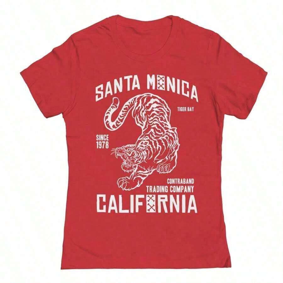Women's Loose-Fitting Pure Cotton Santa Monica Tiger Print T-Shirt - Unisex Urban Vintage Style, Short Sleeve, Round Neck. - 紅色 - 查看 1
