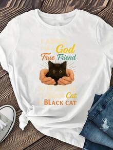 Women's Casual Short Sleeve T-Shirt, Cat Theme Style, Regular Length, Women's Clothing, Casual Short Sleeve T-Shirt - 白色 - 查看 1