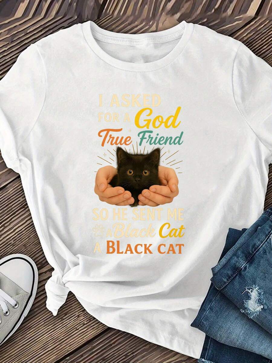 Women's Casual Short Sleeve T-Shirt, Cat Theme Style, Regular Length, Women's Clothing, Casual Short Sleeve T-Shirt - 白色 - 查看 1