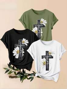 Women's T-Shirts, 1-Piece Set With Cross And Daisy Print. 1 Beautiful Women's Garment, A Stylish Casual Sporty Gift, Machine Washable, Short-Sleeved Top With A Round Neck. - 1件黑色隨機圖案 - 查看 1