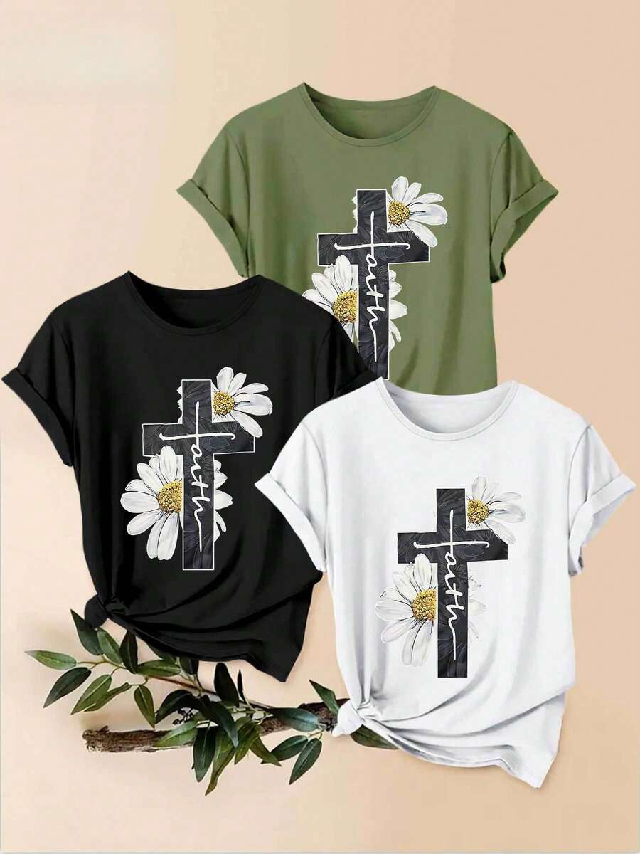 Women's T-Shirts, 1-Piece Set With Cross And Daisy Print. 1 Beautiful Women's Garment, A Stylish Casual Sporty Gift, Machine Washable, Short-Sleeved Top With A Round Neck. - 1件黑色隨機圖案 - 查看 1
